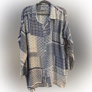 Johnny Was Rinit Silk Blouse Blue and White Patchwork Button Down Shirt XL